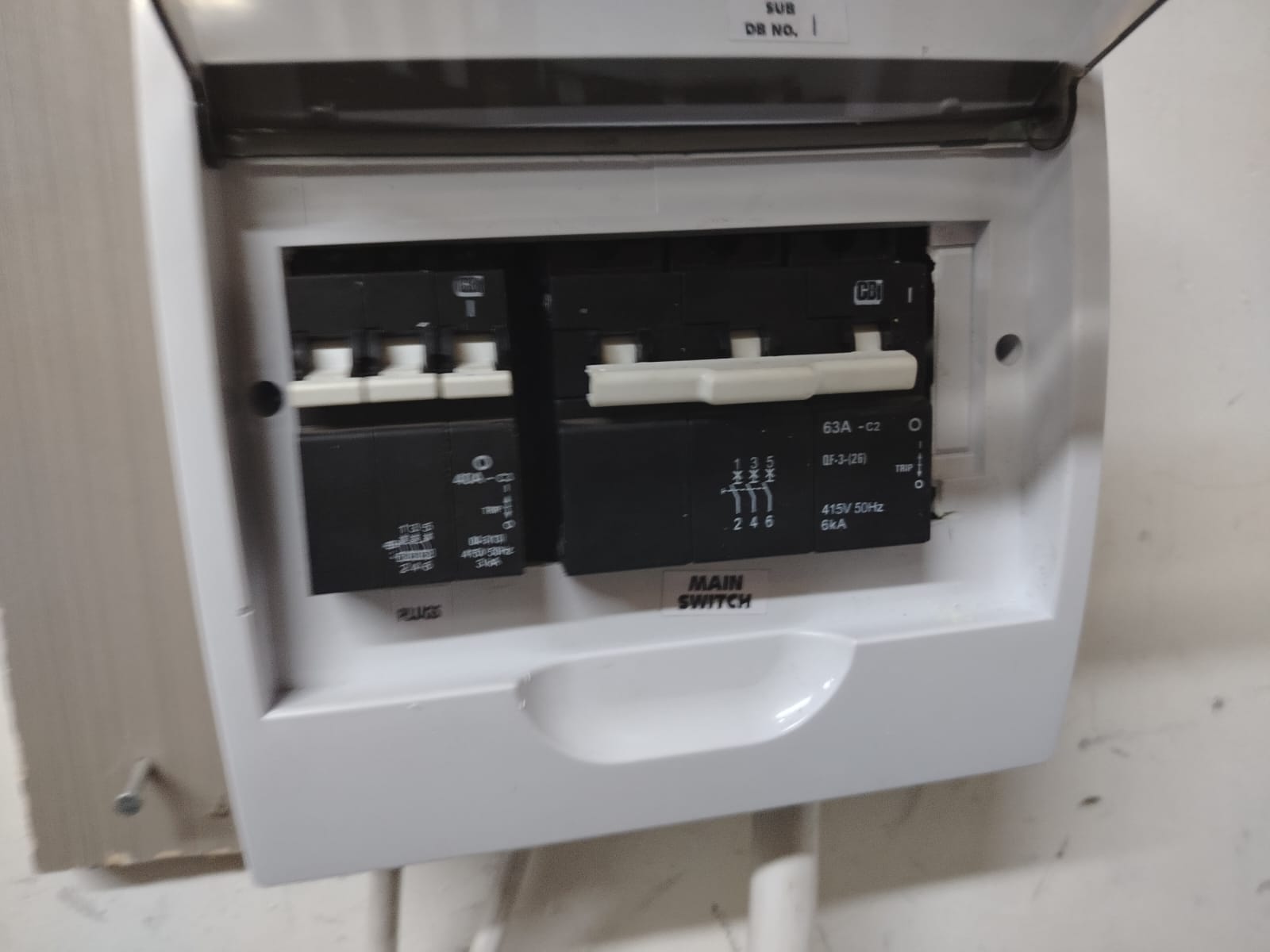 Electrical distribution board with main switch and circuit breakers